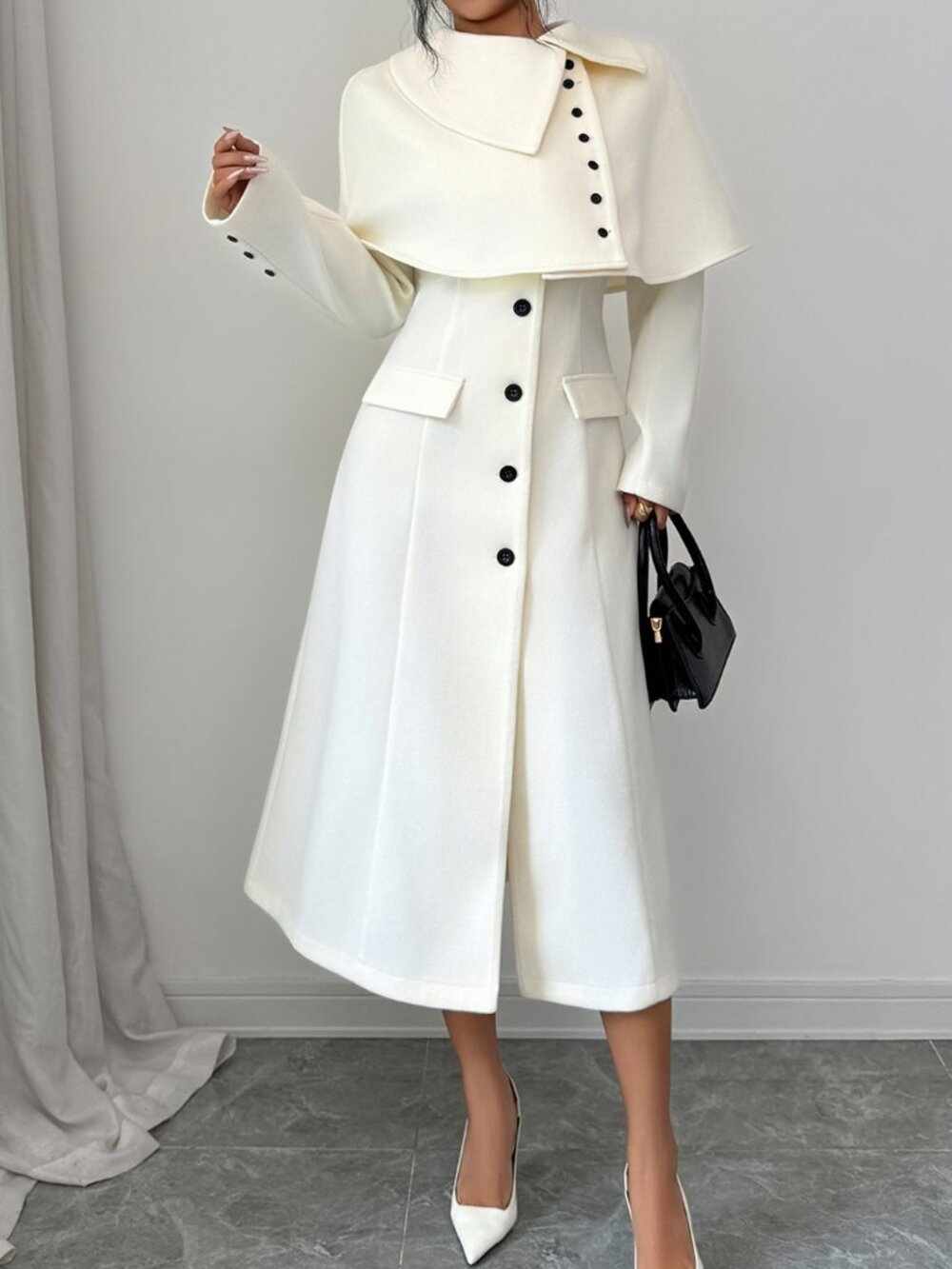 Beige Elegant Women's Button Front Overcoat